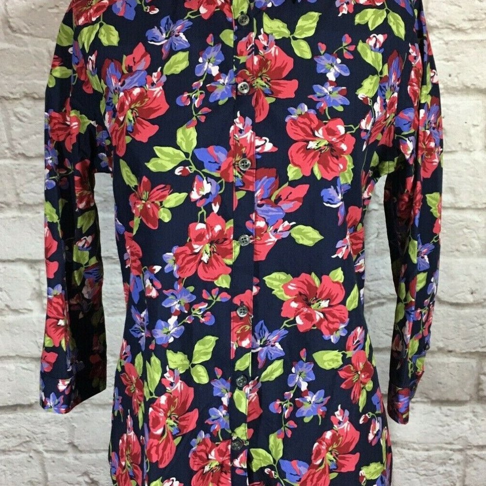 Land's End shirt blouse button front 3/4 sleeve floral Size16  L